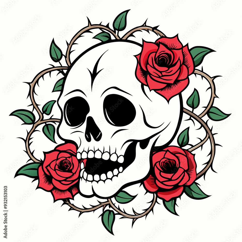 Fototapeta premium Intricate Skull Entwined with Roses and Thorny Vines on a Pristine Background Art vector illustration