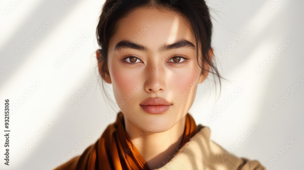 Serene Tibetan Fashion Model in Contemporary Attire with Soft Illumination on White Wall Background Close-Up Serene Tibetan Fashion Model in Contemporary Attire with Soft Illumination on White Wall Background Close-Up