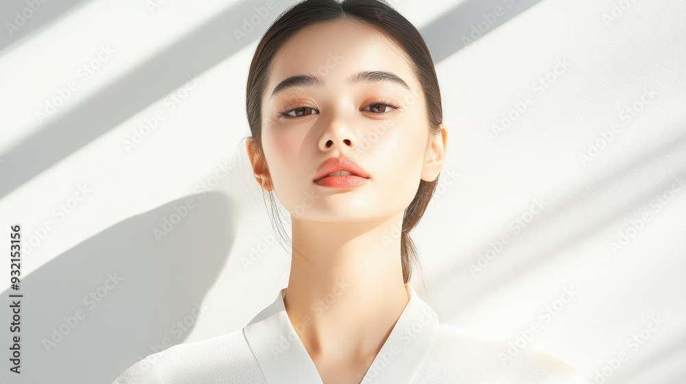 Serene Khmer Fashion Model in Modern Attire with Soft Shadows on White Wall Serene Khmer Fashion Model in Modern Attire with Soft Shadows on White Wall
