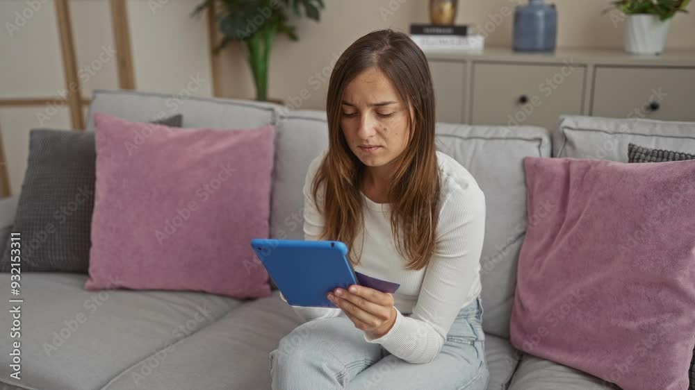 A young, attractive, blonde caucasian woman sits in her living room at home, using a blue tablet while holding a credit card, surrounded by cozy pillows and stylish decor. A young, attractive, blonde caucasian woman sits in her living room at home, using a blue tablet while holding a credit card, surrounded by cozy pillows and stylish decor.