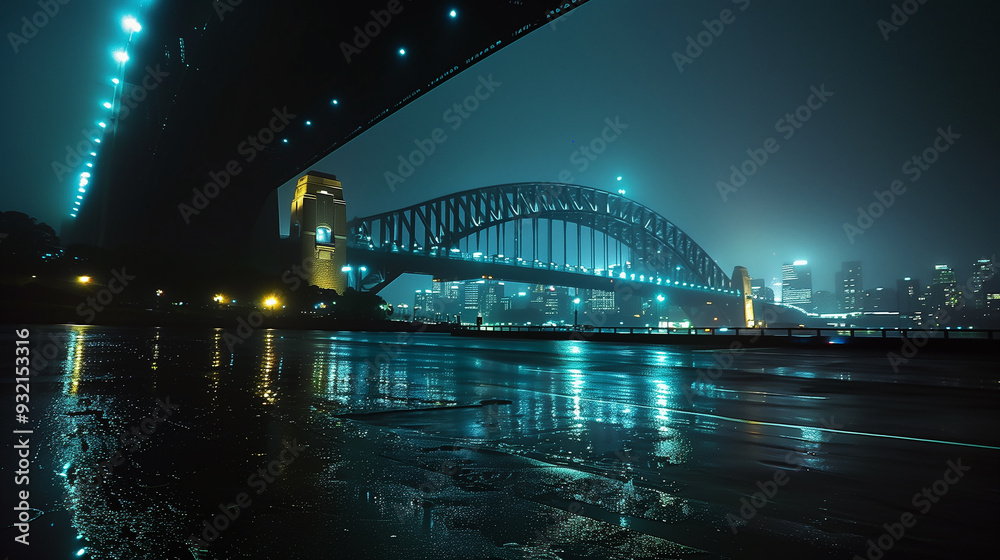 Obraz premium A bridge over a city with lights shining on it