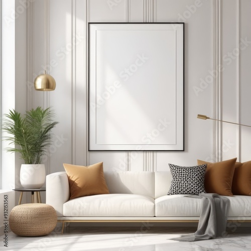 white poster frame close up in modern house interior with light colored marble textured wall, wall mockup, 3d rendering