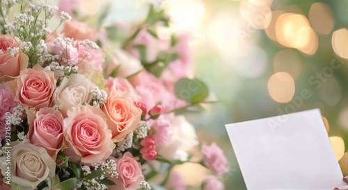 Beautiful arrangement of pink and white roses in a soft, blurred background