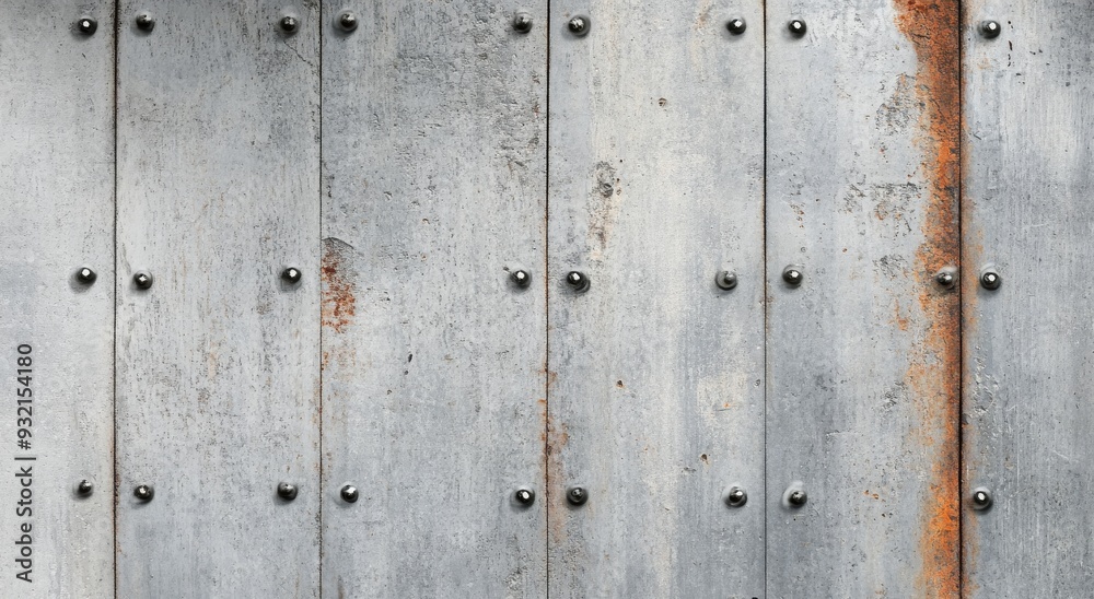 Weathered metal panels with rust and rivets on an industrial wall Weathered metal panels with rust and rivets on an industrial wall
