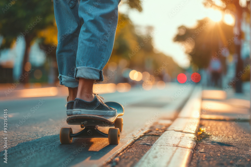 Urban Skateboarding: Cropped Shot of Female Rider's legs in baggy jeans, riding her long board on a city street near the pa. generative AI Urban Skateboarding: Cropped Shot of Female Rider's legs in baggy jeans, riding her long board on a city street near the pa. generative AI