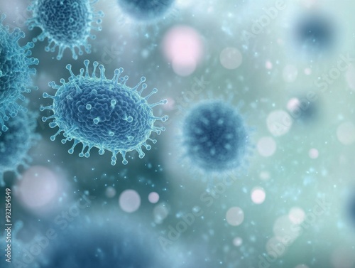 Microscopic view of bacteria with glowing blue outlines against a blurred bac...