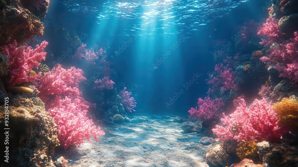 Fototapeta premium ethereal underwater scene with shimmering blue sunlight filtering through crystalclear waters illuminating vibrant coral reefs and graceful marine life in a dreamlike atmosphere