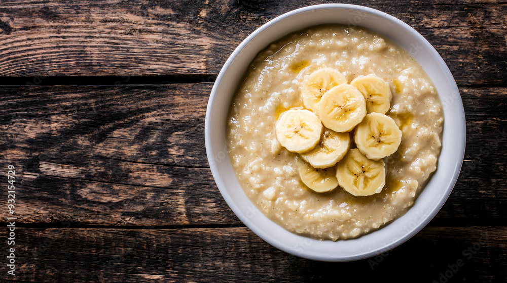 Banana slices top a bowl of oatmeal porridge on a rustic wooden backdrop Banana slices top a bowl of oatmeal porridge on a rustic wooden backdrop