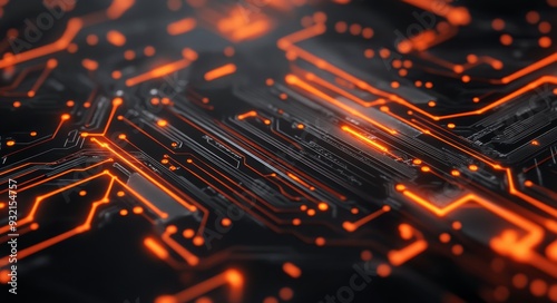 Close-up of a glowing microchip on a dark circuit board