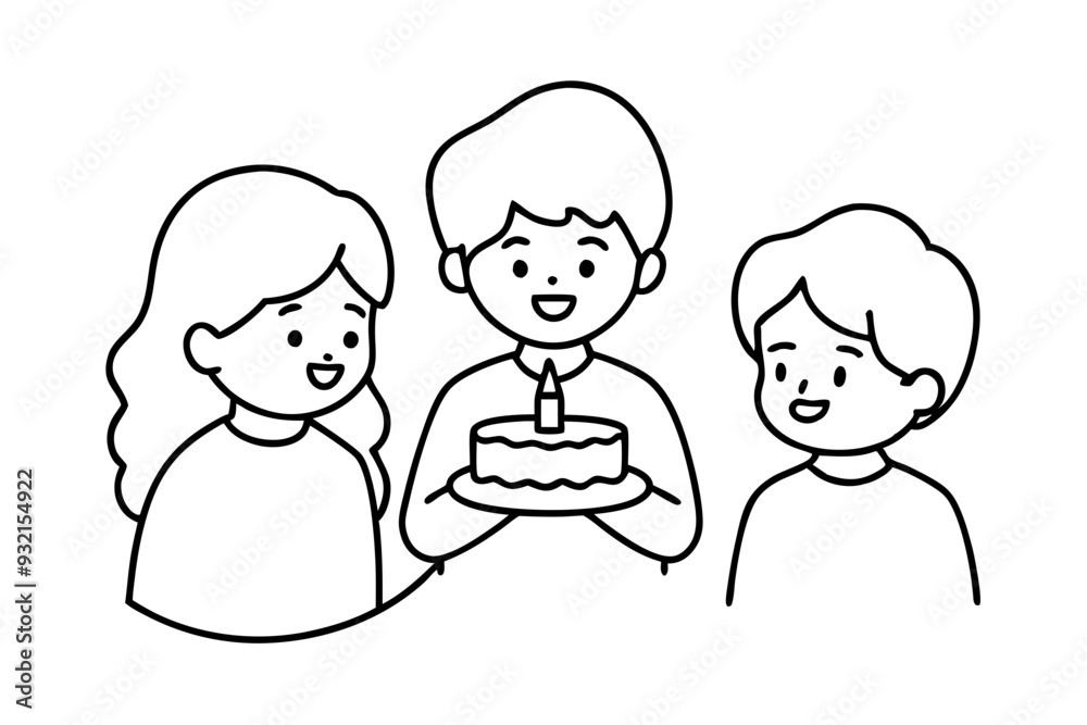 Birthday eating cake kids line art vector illustration Birthday eating cake kids line art vector illustration