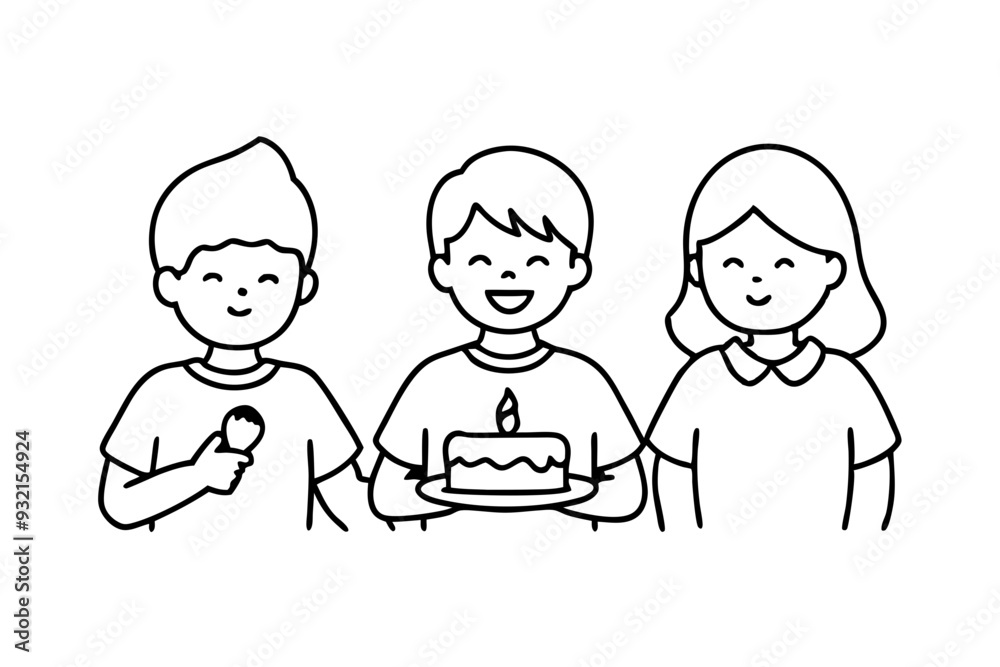 Birthday eating cake kids line art vector illustration Birthday eating cake kids line art vector illustration
