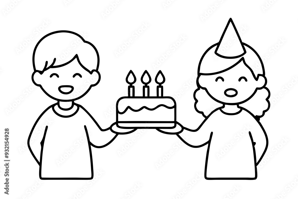 Birthday eating cake kids line art vector illustration Birthday eating cake kids line art vector illustration