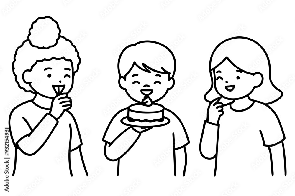 Birthday eating cake kids line art vector illustration Birthday eating cake kids line art vector illustration