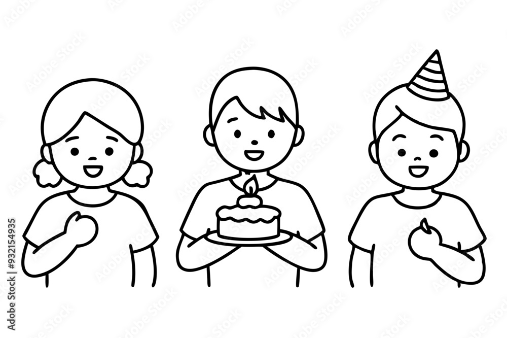 Birthday eating cake kids line art vector illustration Birthday eating cake kids line art vector illustration