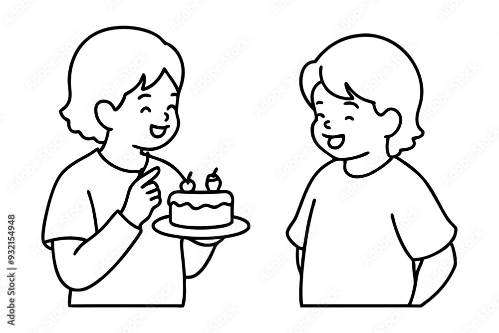 Birthday eating cake kids line art vector illustration Birthday eating cake kids line art vector illustration