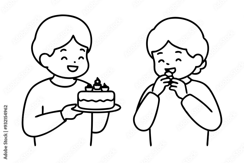 Birthday eating cake kids line art vector illustration Birthday eating cake kids line art vector illustration