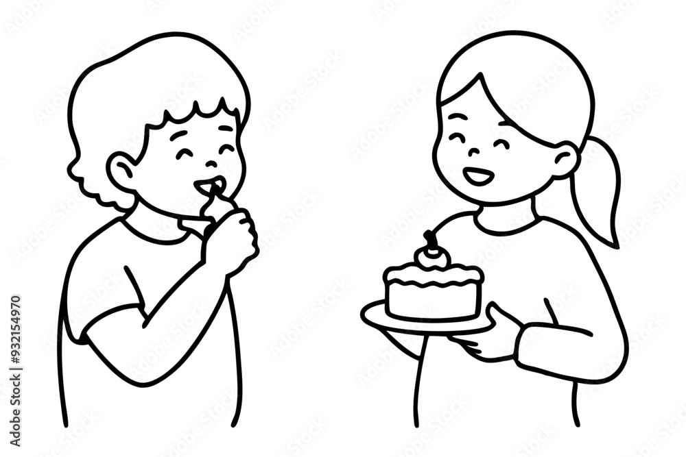 Birthday eating cake kids line art vector illustration Birthday eating cake kids line art vector illustration