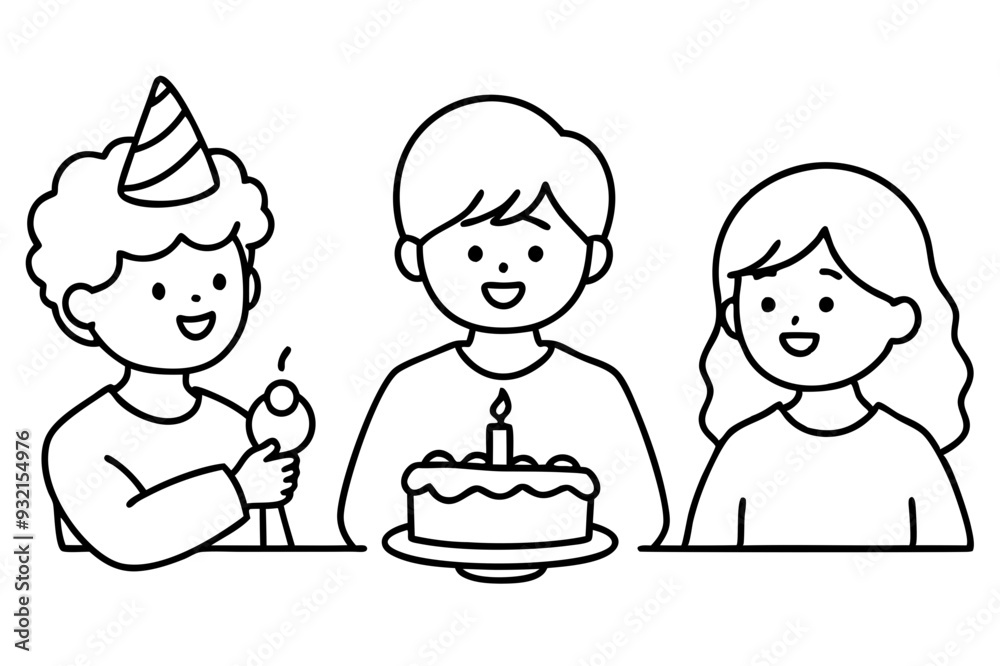 Birthday eating cake kids line art vector illustration Birthday eating cake kids line art vector illustration