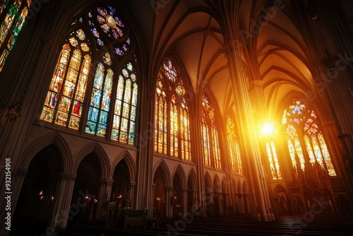 A beautiful interior view showcasing colorful stained-glass artistry, tall gothic arches, and sun light streaming through, casting vibrant hues and shadows inside the cathedral. photo