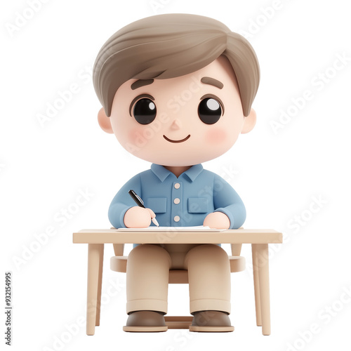 3D clay Businessman sitting at a desk, signing a contract with a pen, blender illustration transparent background 