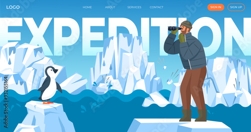 Explorer observing a penguin in an icy landscape, representing polar expeditions and the importance of wildlife preservation. The scene is set against a backdrop of glaciers and cold waters.