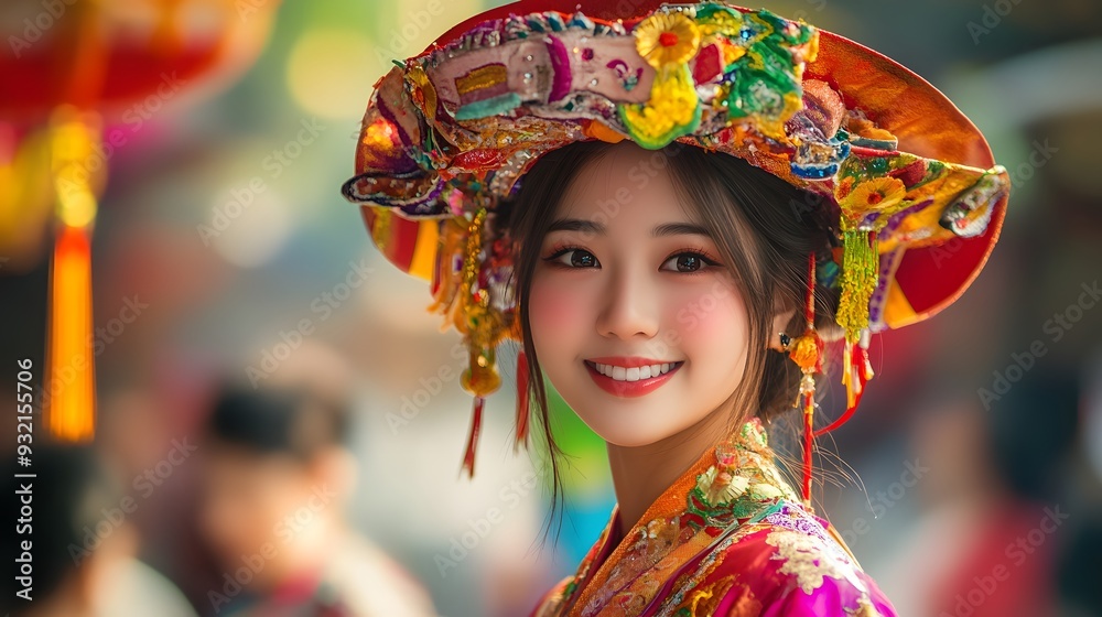 Vibrant Traditional Asian Festival Portrait - Smiling Woman in Colorful Headdress and Costume Vibrant Traditional Asian Festival Portrait - Smiling Woman in Colorful Headdress and Costume