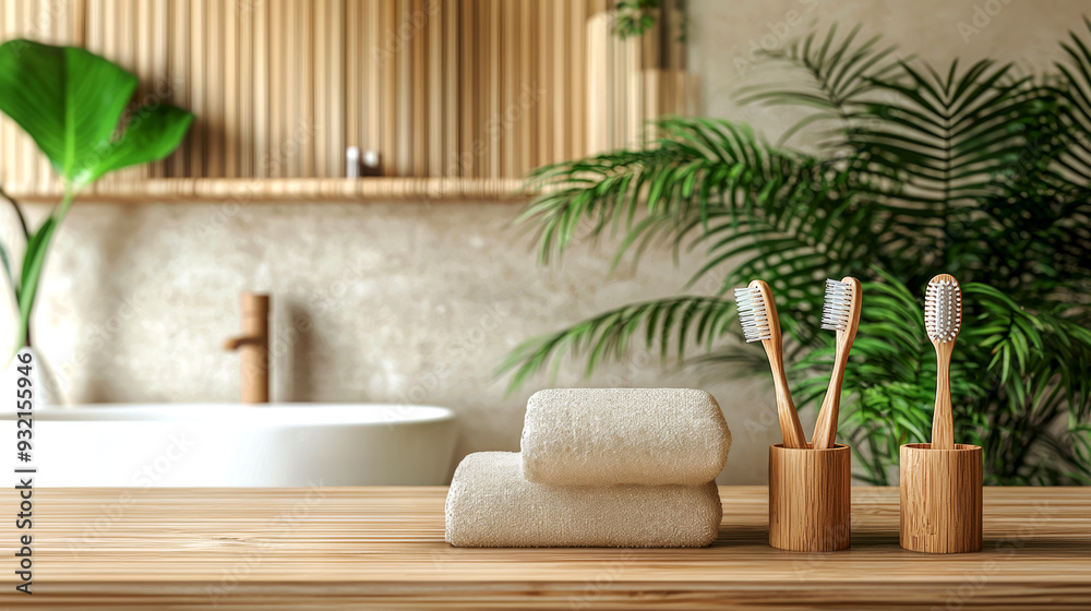 Toothbrushes and towels on the table in the bathroom, the concept of spaces made of natural objects, the use of natural light in the house project, interior details Toothbrushes and towels on the table in the bathroom, the concept of spaces made of natural objects, the use of natural light in the house project, interior details