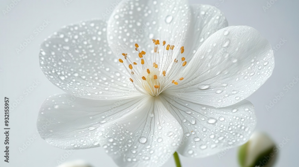 ethereal white flower with gossamer petals dew drops glistening in soft light delicate stamens floating gracefully against pure white backdrop ethereal white flower with gossamer petals dew drops glistening in soft light delicate stamens floating gracefully against pure white backdrop