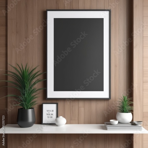white poster frame close up in modern home interior with light dark colored wood texture walls, wall mockup, 3d rendering