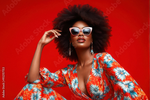 Beautiful woman posing in nice flower pattern dress and sunglasses on a red background. Fashion photo with afro hairstyle. generative AI