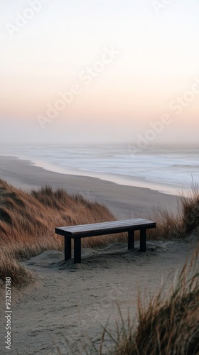 Wooden bench overlooking sandy beach and ocean
