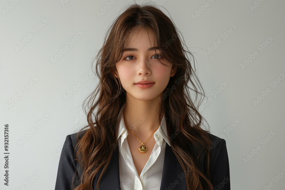 Smiling with confidence, a young woman in formal business attire radiates professionalism and elegance, ideal for corporate branding and promotion. Smiling with confidence, a young woman in formal business attire radiates professionalism and elegance, ideal for corporate branding and promotion.