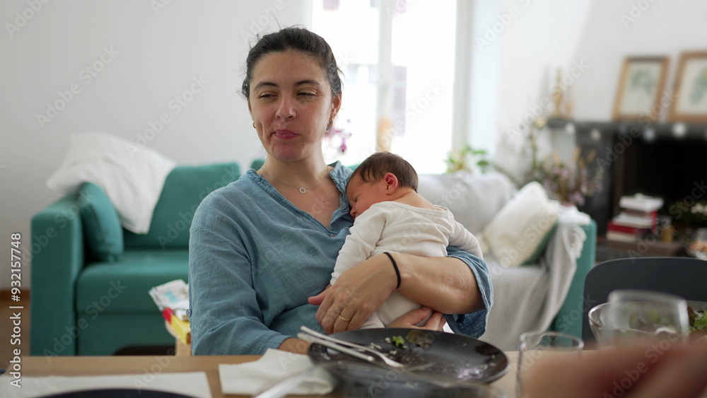 Obraz premium Mother holding baby while chewing food, sitting in a cozy living room. multitasking aspect of parenthood, with a serene home setting and a calm, nurturing atmosphere