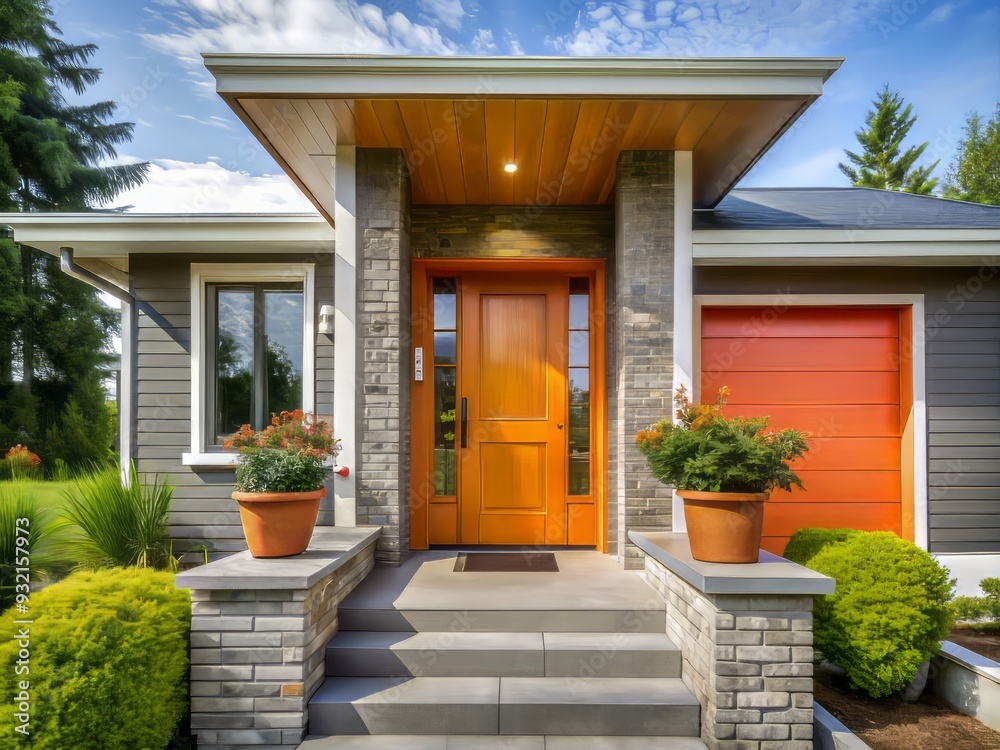 A modern orange front door adds a pop of color to the contemporary home exterior, creating a dynamic and inviting entryway that sets the tone for the space. A modern orange front door adds a pop of color to the contemporary home exterior, creating a dynamic and inviting entryway that sets the tone for the space.