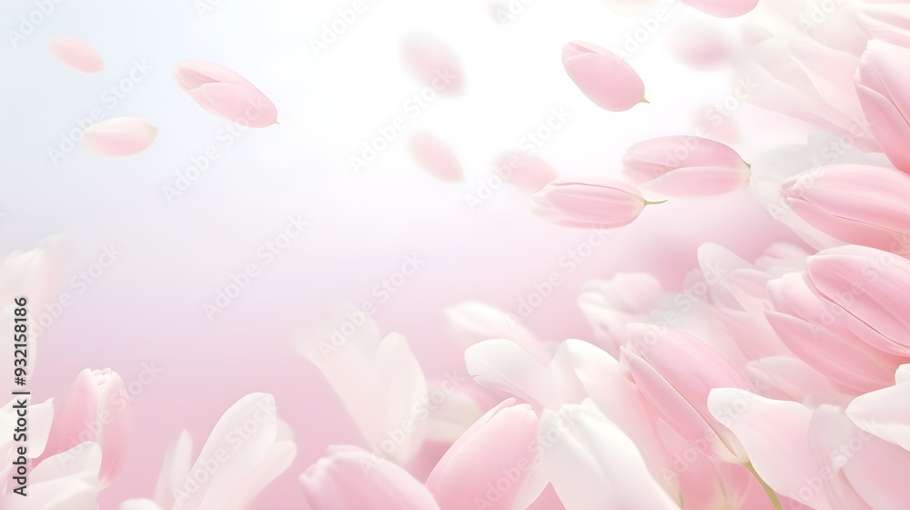 Abstract light pink tulip flowers and petals flying in the air. Summer minimal floral frame background. Abstract light pink tulip flowers and petals flying in the air. Summer minimal floral frame background.