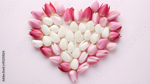 Pink heart festive decorations from tulip flowers on a table, minimal flat lay background.