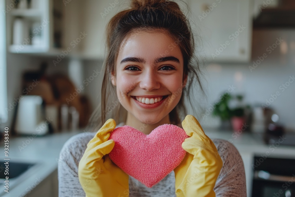 Fototapeta premium Cleaning Gloves Heart. Happy Woman in Cleaning Service Showing Love Sign with a Beautiful Smile