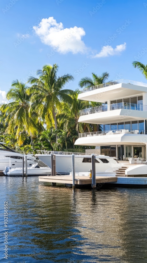 A luxurious waterfront property showcases a sleek yacht docked nearby under a clear blue sky , creating a peaceful coastal ambiance A luxurious waterfront property showcases a sleek yacht docked nearby under a clear blue sky , creating a peaceful coastal ambiance