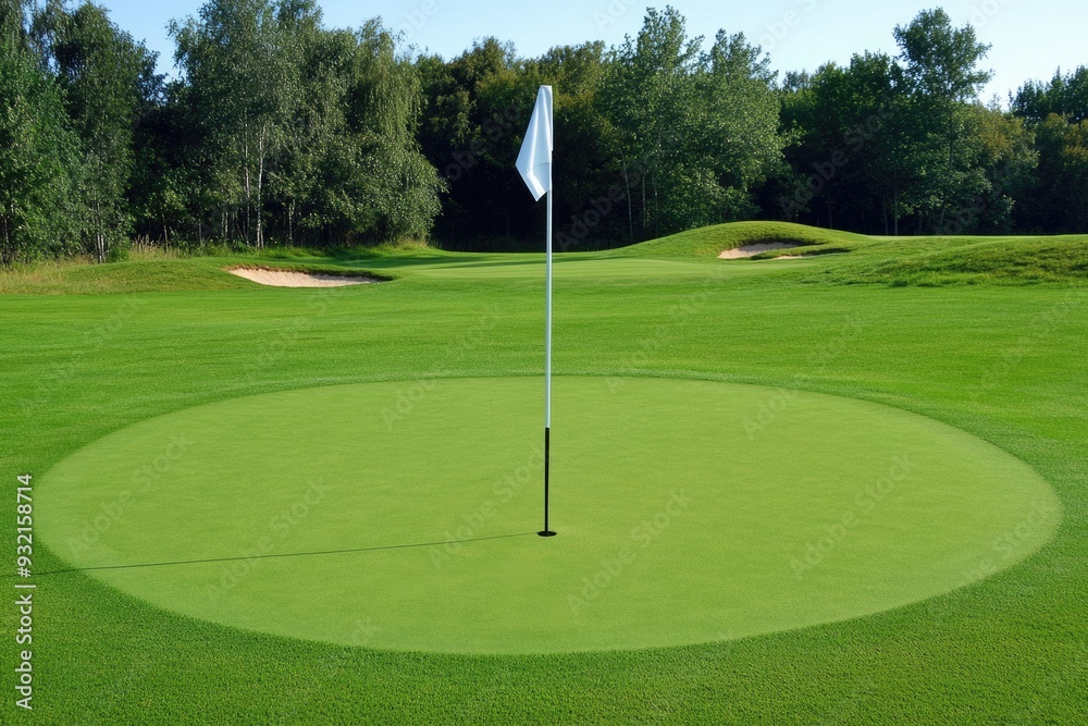 Obraz premium Golf Flagstick on Putting Green at Golf Course. Hole with Blank White Flagstick