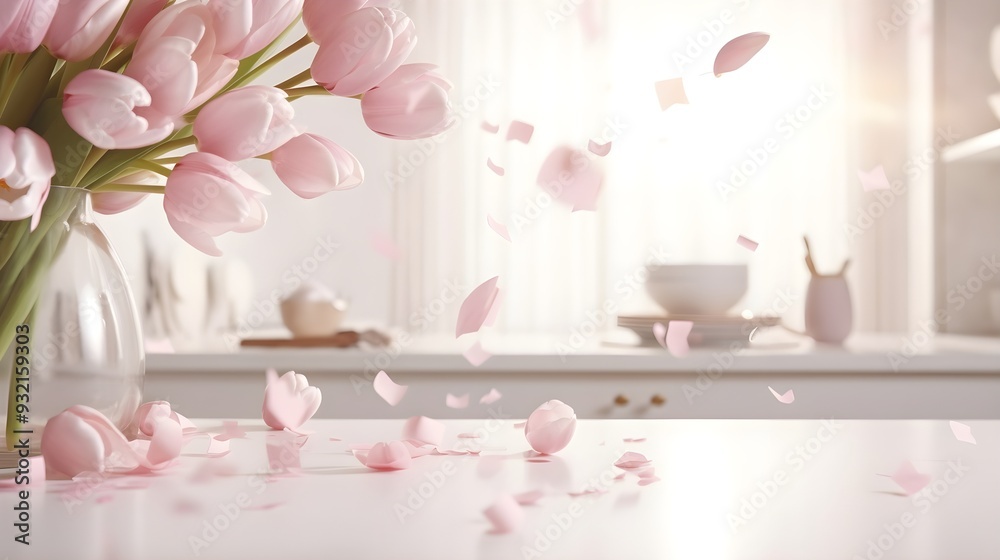 Bouquet of light pink flowers in vase on white table, petals scattered around, soft natural light. Bouquet of light pink flowers in vase on white table, petals scattered around, soft natural light.