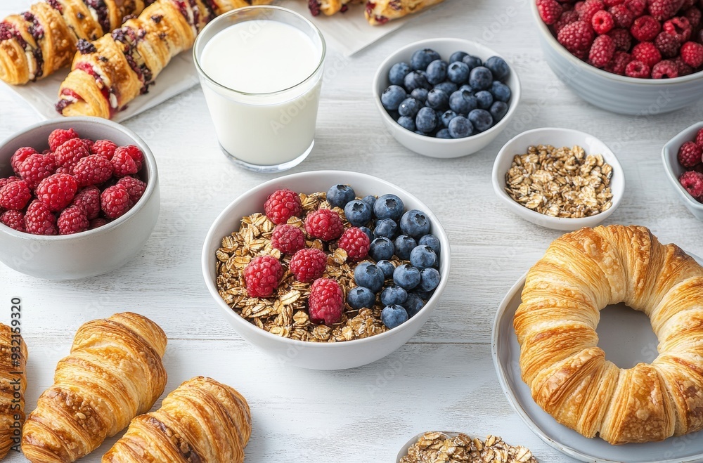healthy breakfast with granola, blueberries, and milk on the table healthy breakfast with granola, blueberries, and milk on the table
