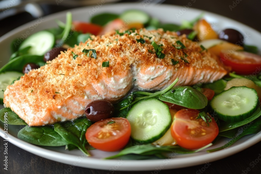 Panko Salmon Delight: Baked fillets with Spinach, Tomatoes, and Cucumber Salad on a Dark Plate Panko Salmon Delight: Baked fillets with Spinach, Tomatoes, and Cucumber Salad on a Dark Plate