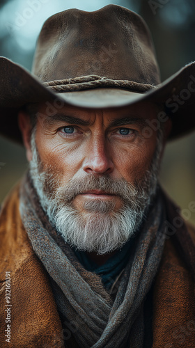 Portrait of an elderly American cowboy wearing the traditional hat. 