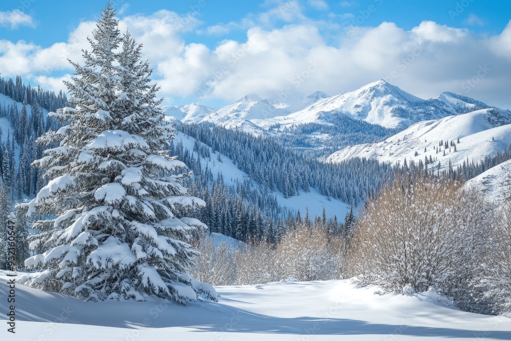 Snowy Mountains Idaho. Winter Wonderland Landscape with Snow-covered Christmas Trees near Ketchum Snowy Mountains Idaho. Winter Wonderland Landscape with Snow-covered Christmas Trees near Ketchum