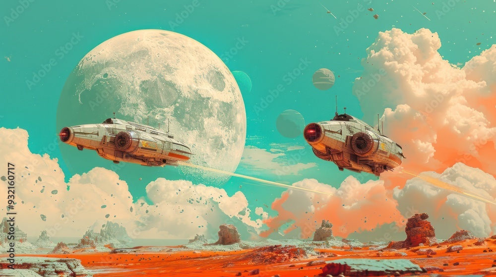 Naklejka premium A pair of advanced spaceships soar above a barren alien world with massive moons rising on the horizon, creating a breathtaking space sci-fi landscape.