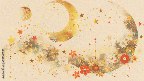 abstract ethereal moon grainy background with warm golden glittering stars, decorated with flowers, a dreamy appearance of a crescent moon in the sky, a magical and festive mood for a holiday theme photo