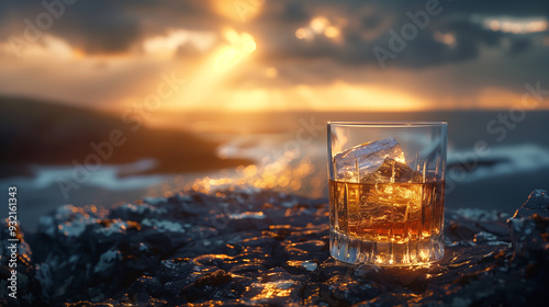 A glass of whiskey is sitting on a rock by the ocean