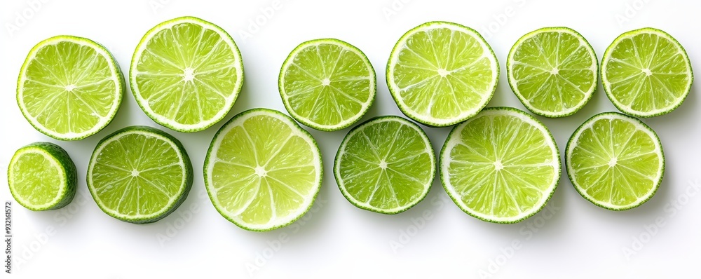 A fresh and vibrant assortment of sliced limes arranged neatly on a white background, showcasing the juicy and zesty green citrus fruit. A fresh and vibrant assortment of sliced limes arranged neatly on a white background, showcasing the juicy and zesty green citrus fruit.