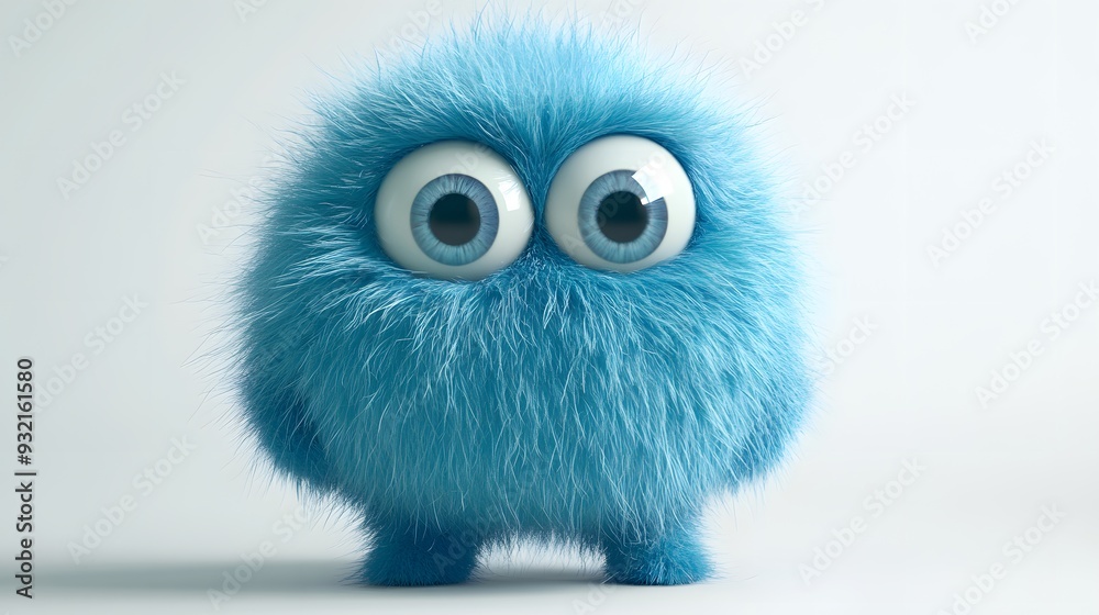 3D illustration of a cute, fluffy blue creature with large, expressive eyes, standing against a white background. Simple and charming.