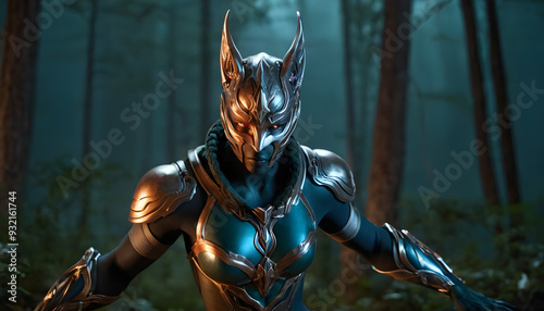 statue of warrior
#Powerful armored character with intricate metallic designs, ready for battle in a wooded setting.